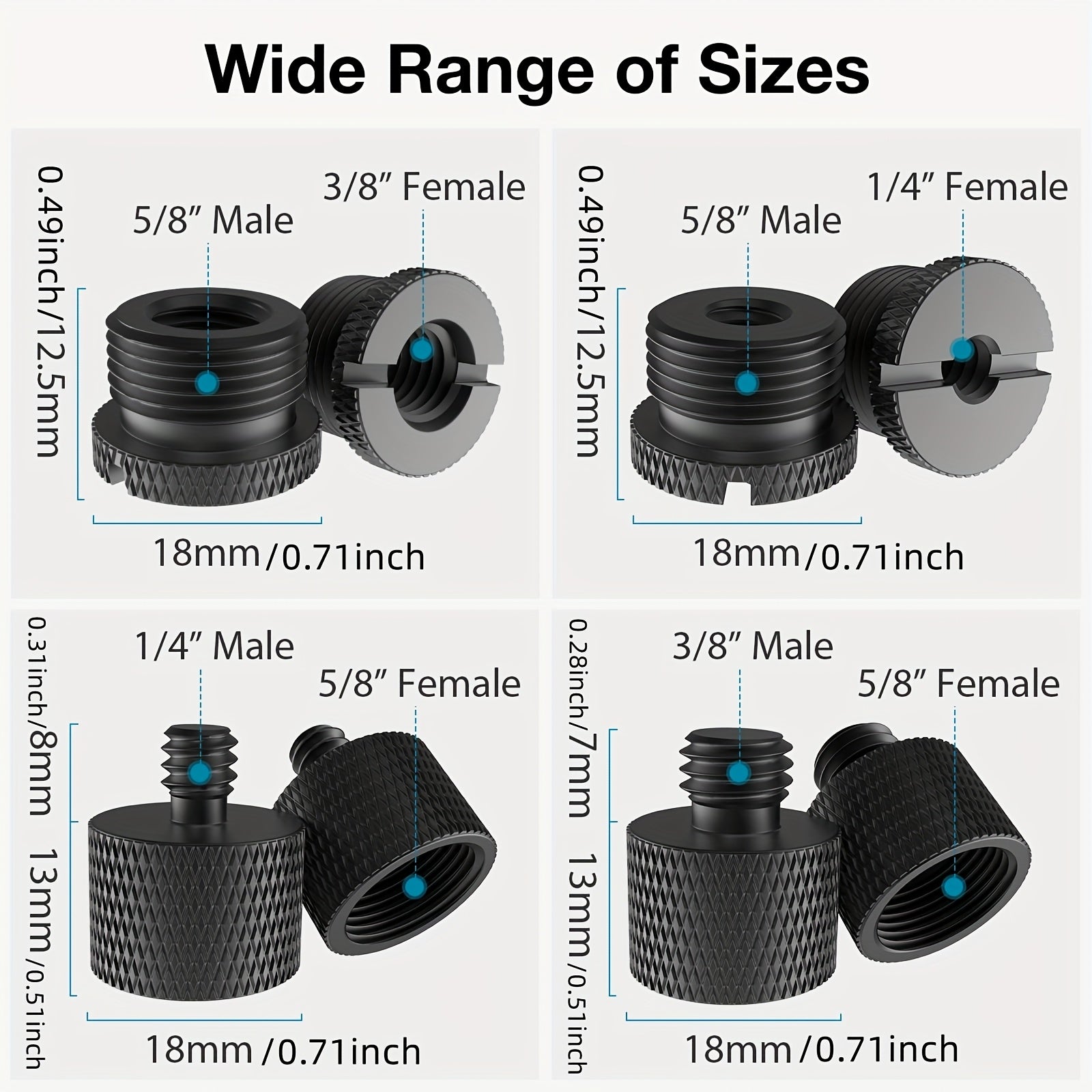 Conectores Roscados para Soportes de Micrófono en - Adaptadores de Tornillo de 4 piezas: Hembra de 5/8" a Macho de 3/8", Hembra de 3/8" a Macho de 5/8", Hembra de 5/8" a Macho de 1/4", Hembra de 1/4" a Macho de 5/8" para Brazos de Micrófono, Trípodes de