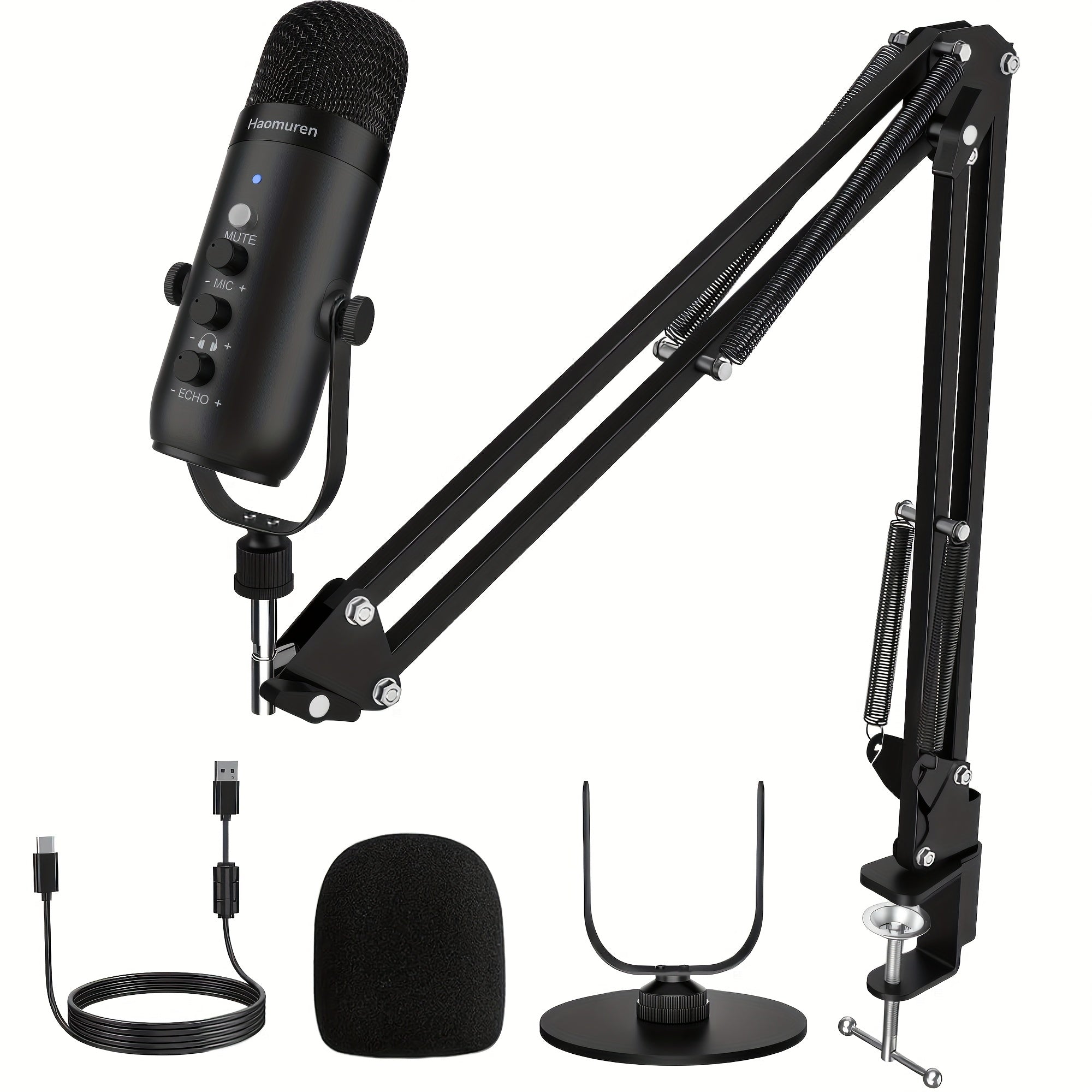 Kit de Micrófono Profesional de la Marca Haomuren, Soporte de Escritorio y Boom con Filtro Anti-pop, Compatibilidad USB Plug-and-Play para Varios Dispositivos · Silencio con Un Botón · Monitoreo en Tiempo Real · Efecto de Reverberación · Adecuado para Gr