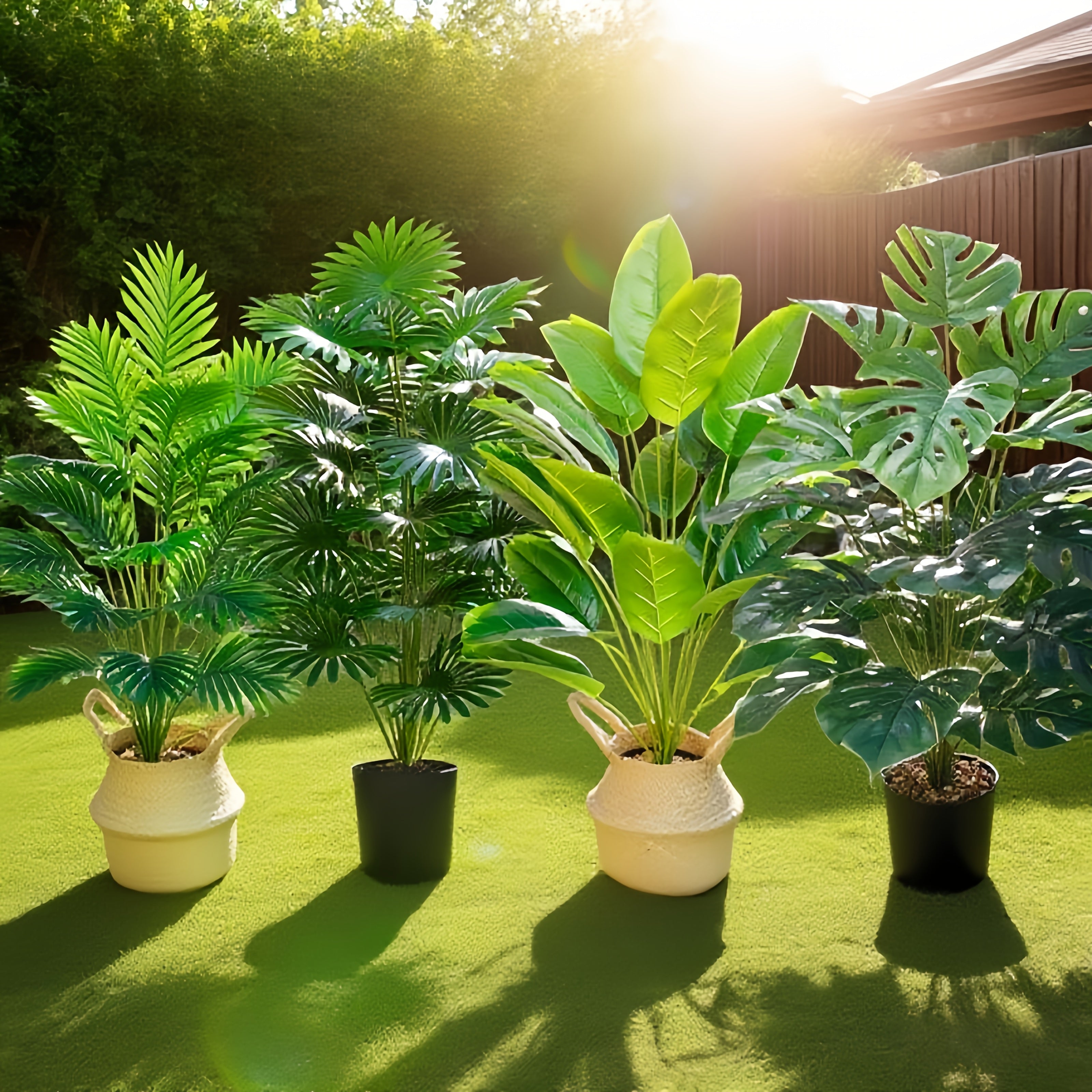 Juego de 4 piezas, incluye 48 plantas artificiales de hojas grandes. Adecuadas para uso exterior—árboles decorativos de selva tropical, ideales para macetas en interiores y exteriores todo el año, bodas, hoteles, jardines, patios estilo nórdico, Día de l