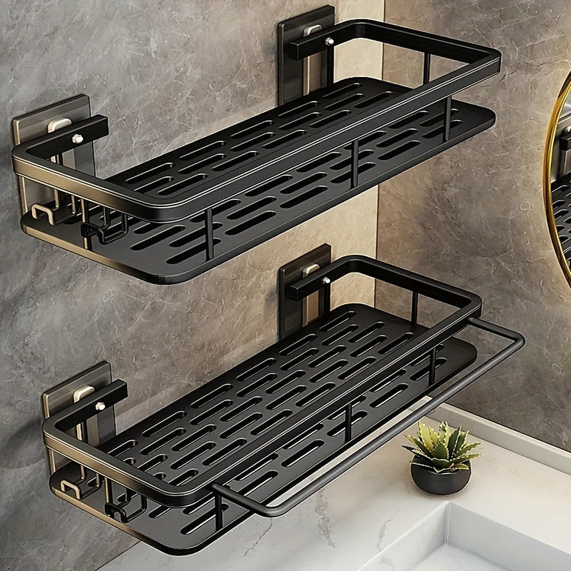 2 piezas de estantes de pared negros, juego de percheros de ducha sin taladro - Resistentes al óxido, organizador colgante que ahorra espacio para champú, acondicionador y más, solución de almacenamiento de baño, perchero de baño moderno, organizador de