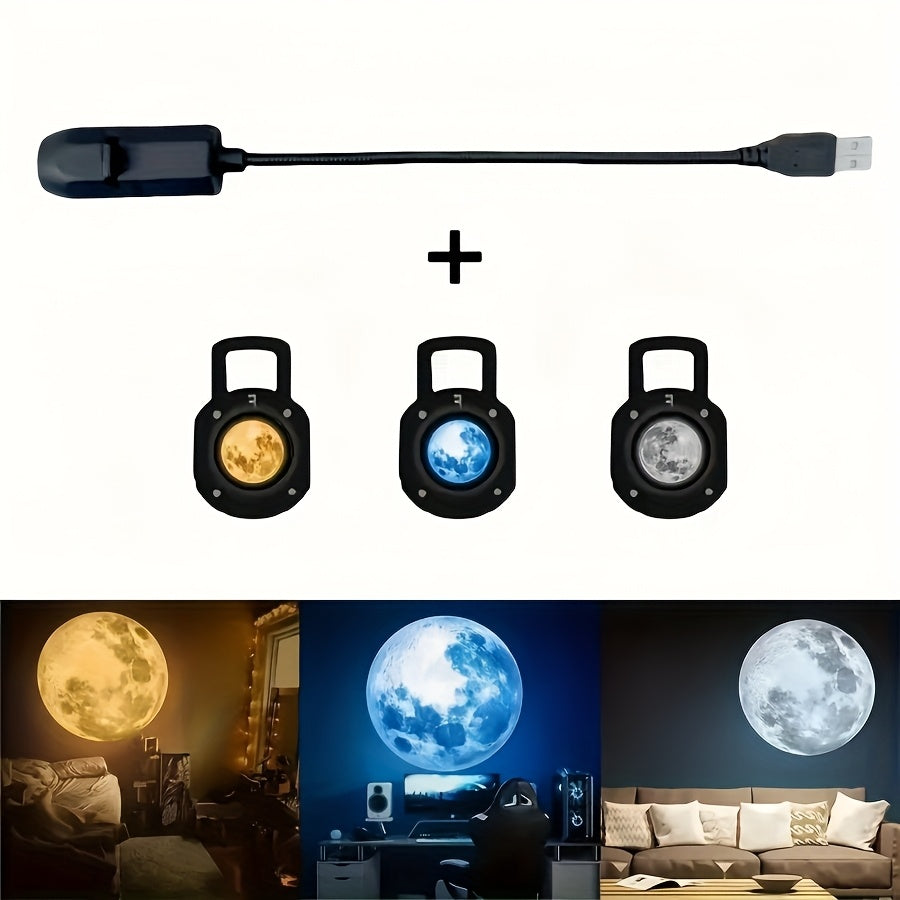 1 luz + 3 luces de luna en amarillo, blanco y azul con interfaz USB, lámpara LED portátil proyectora para techo, fondo fotográfico giratorio 360°, accesorios para computadora, iluminación decorativa para dormitorio