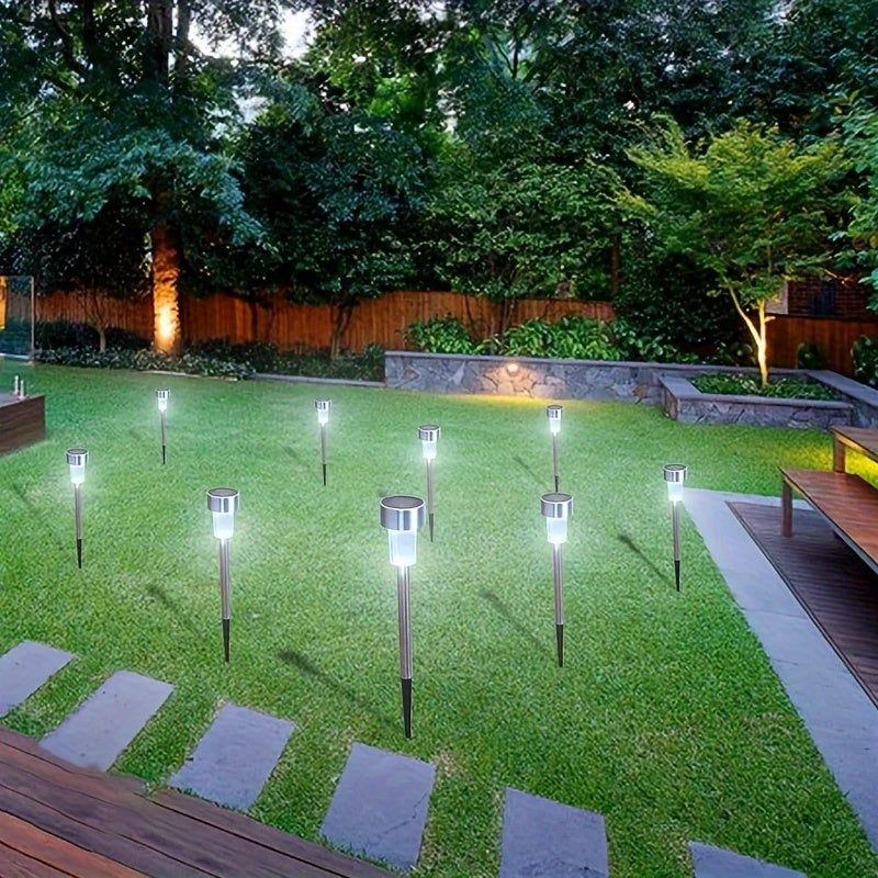 10/12 piezas de luces solares para exteriores, luces decorativas para exteriores de acero inoxidable, adecuadas para iluminación de paisajes exteriores de patios, césped, caminos, terrazas, garajes, jardines y otras ocasiones, decoración de senderos para