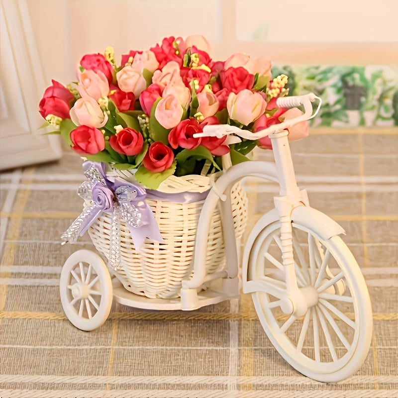 1 Macetero Elegante de Bicicleta Blanca con Cesta de Enredadera Rosa - Decoración Plástica Estilosa para Hogar, Ideal para Sala, Escritorio o Librería | Perfecto para Supermercados y Ramos, Adorno de Bicicleta
