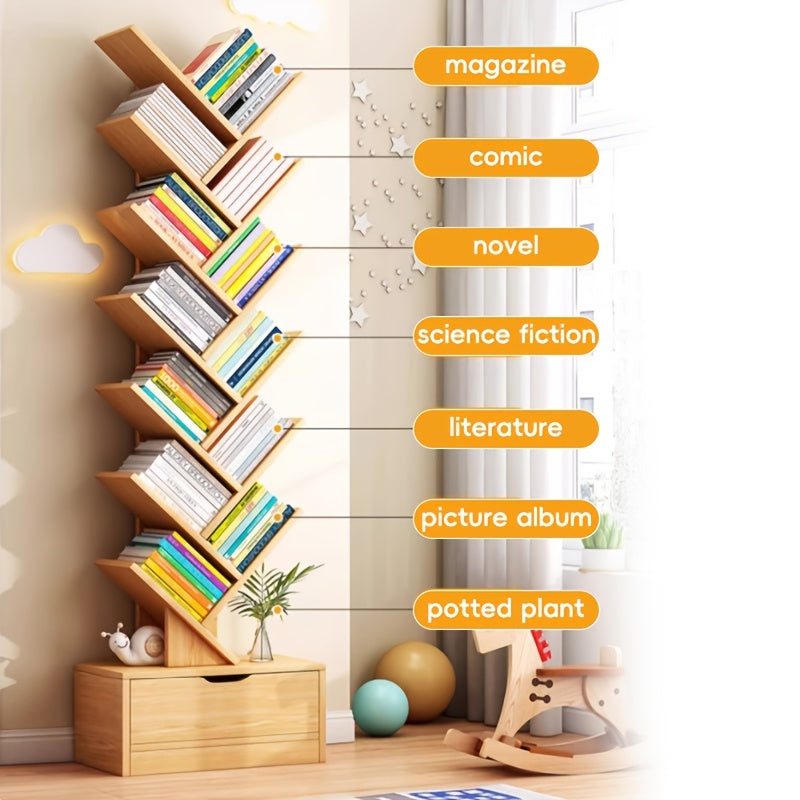 Estantería en Forma de Árbol - Estante Estrecho Ahorrador de Espacio con Acabado en Madera Natural, Soporte Independiente para Sala, Dormitorio u Oficina - Fácil Montaje, Altura 68.58 cm, Organizador Moderno y Decorativo, Almacenamiento para Libros