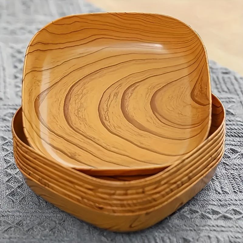 10 piezas de platos de aperitivo de imitación de madera de polipropileno (PP), platos ligeros y duraderos para postres, tazón de frutas de melón y dulces para acampar al aire libre, esenciales para pícnic.
