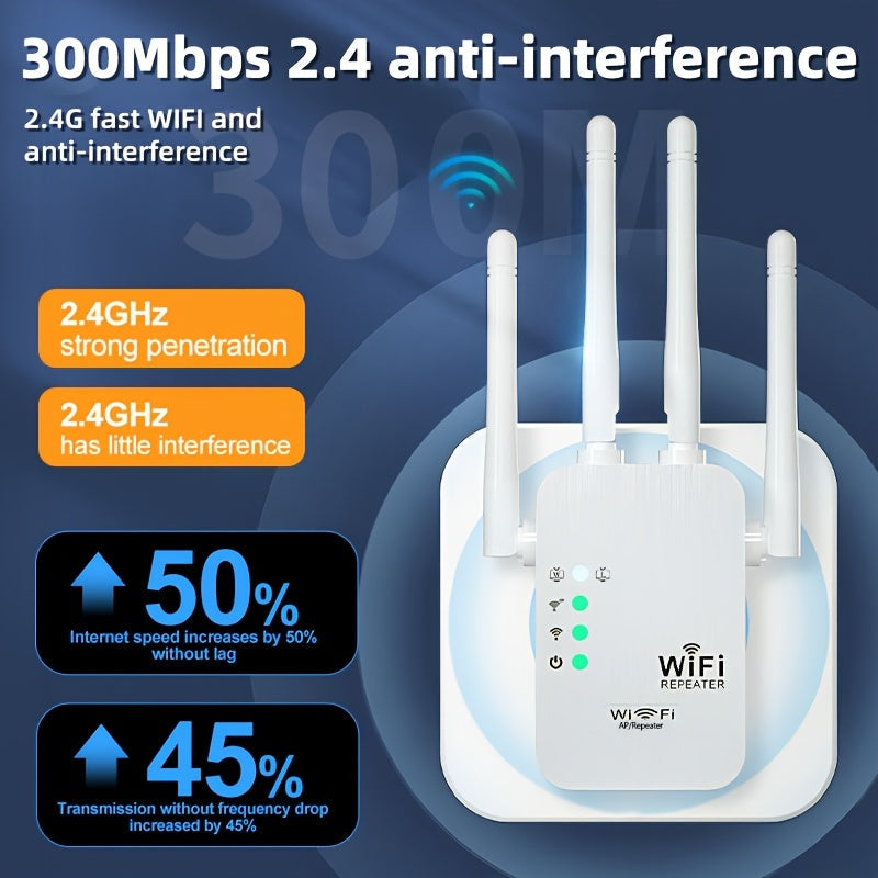 Amplificador de Señal WiFi sin varillas OURLIFE con Router Dual Mode, 300Mbps Velocidad WiFi, Gran Penetración y Cobertura Amplia, Seguridad WPS, Compatible con Smartphones, Tabletas, Laptops, TVs Inteligentes - Extensor de WiFi para Hogar/Oficina/Cafete