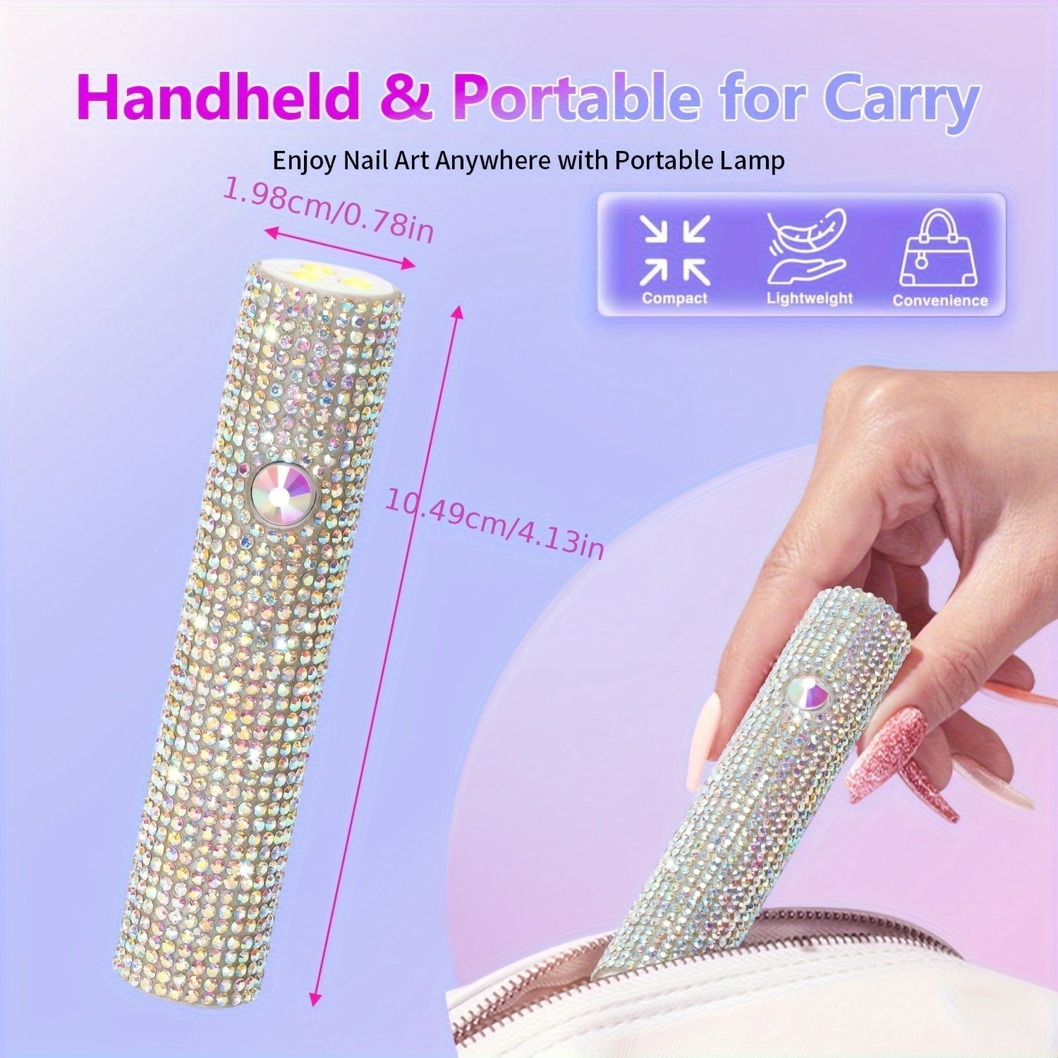 Lámpara de esmalte de uñas miniatura portátil con diamantes de imitación brillantes - Luz de manicura portátil, recargable por USB, batería incorporada, regalo perfecto para mujeres en vacaciones y cumpleaños, suministros de arte de uñas