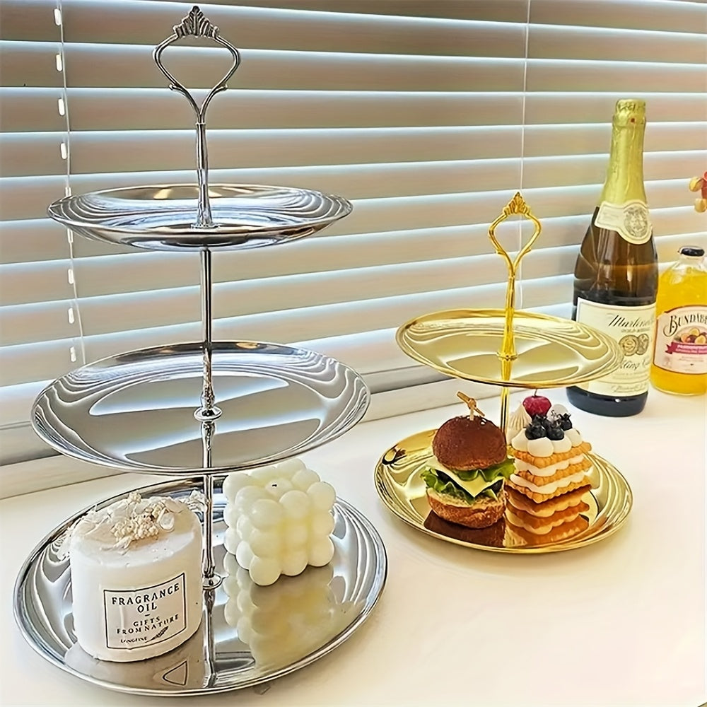 Soporte para frutas y postres de acero inoxidable dorado de 3 niveles, estilo coreano elegante, bandeja para servir bocadillos, pasteles y aperitivos, ideal para fiestas y uso en el hogar, soporte para postres | Bandeja escalonada | Construcción en acero