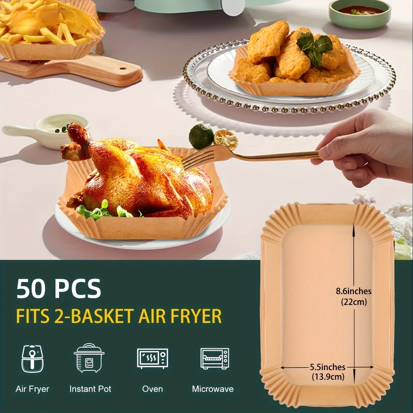 MUQOMU, fundas rectangulares antiadherentes para freidor de aire, compatibles con freidor de aire Ninja Dual Basket, platos de papel beige para freír de manera más saludable, 50 unidades.