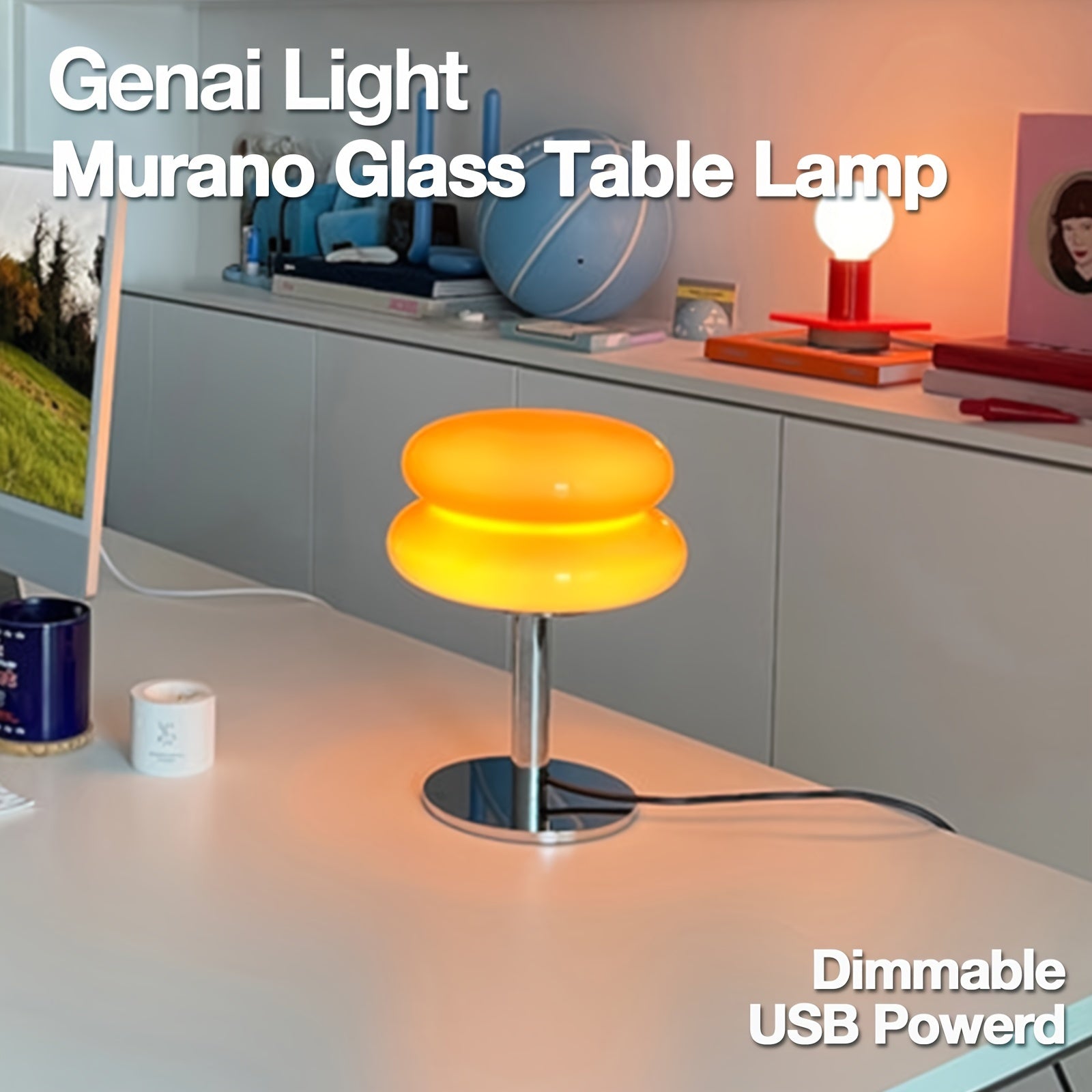 1 Pieza, Lámpara De Mesa De Cristal De Murano, Luz De Ambiente Regulable Alimentada Por USB Para Sala De Estar, Dormitorio Y Oficina En Casa, Ideal Para Decoración De Cabecera, Mesita De Noche Y Escritorio