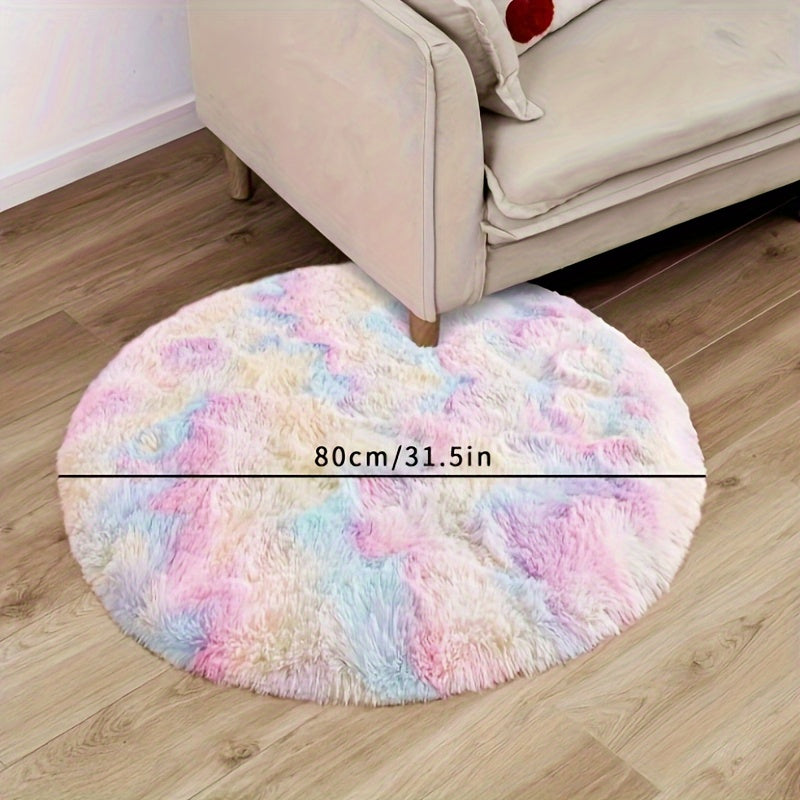 Alfombra Redonda de Peluche Suave - Diseño Acogedor de Tí-dye en Tonos Pastel, Alfombra Esponjosa de Piel Sintética para Dormitorio, Sala de Juegos o Habitación Infantil, Material de Poliéster Lavable a Máquina, Tapete para el Suelo del Dormitorio | Text