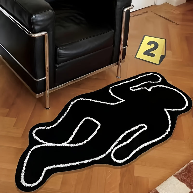 1 alfombra de terciopelo con diseño de contorno blanco y negro, suave, lavable, antideslizante con respaldo de TPR, para sala, dormitorio, cocina, baño y más, forma irregular única para decoración del hogar