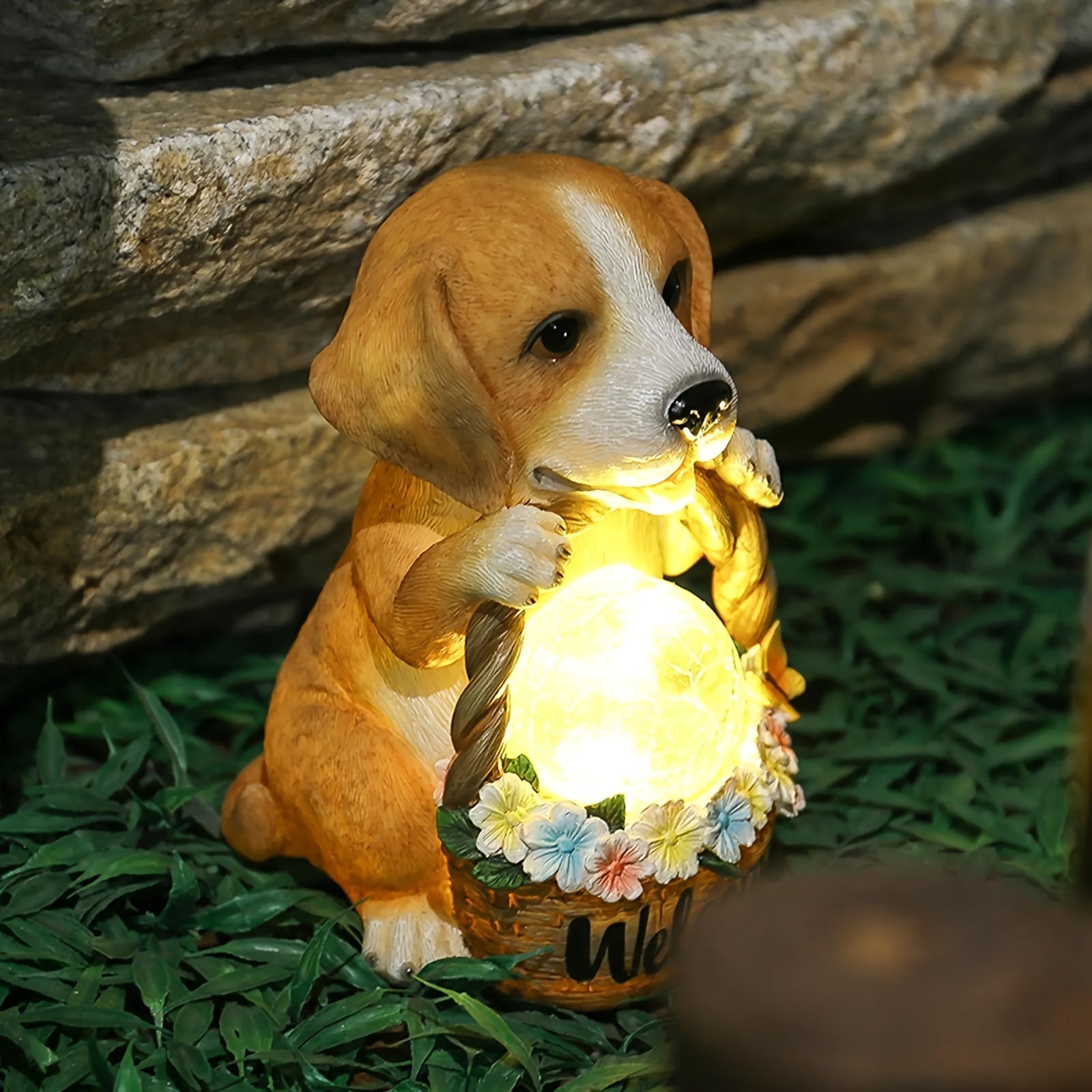 1pc Decoración De Jardín Perro Energía Solar Animal Decoración Señal De Bienvenida, Estatua Luz Nocturna, Luz De Resina Artesanal De Jardín