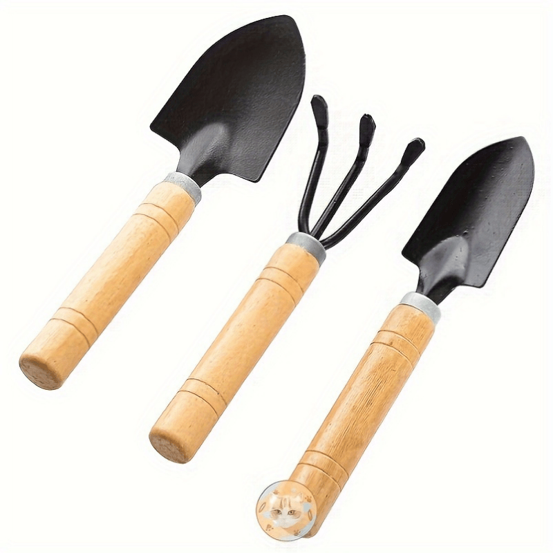 3 piezas de juego de herramientas de jardinería de mano - Mini pala, pala y rastrillo de metal y madera duraderos para suculentas, macetas y plantación, no se necesita electricidad