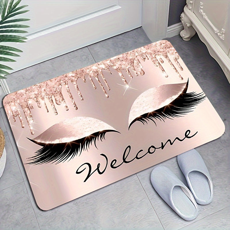 1 Pieza, Tapete De Cocina De Material De Poliéster Vinílico Con Patrón De Pestañas Y Letras En Color Rosa, Antideslizante Y Absorbente, Alfombra Antifatiga Para Cocina, Hogar, Oficina, Fregadero Y Lavandería