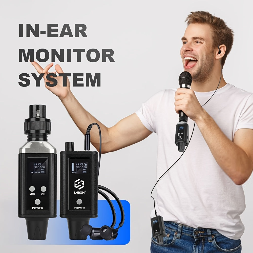 Sistema de monitoreo sin varillas intrauditivo LMBGM UHF con 1 canal y 3 unidades corporales, ganancia del micrófono, 16 canales seleccionables, tipo auricular sin varillas, adecuado para escenarios como el teatro, estudio, grabación, iglesia, actuacione