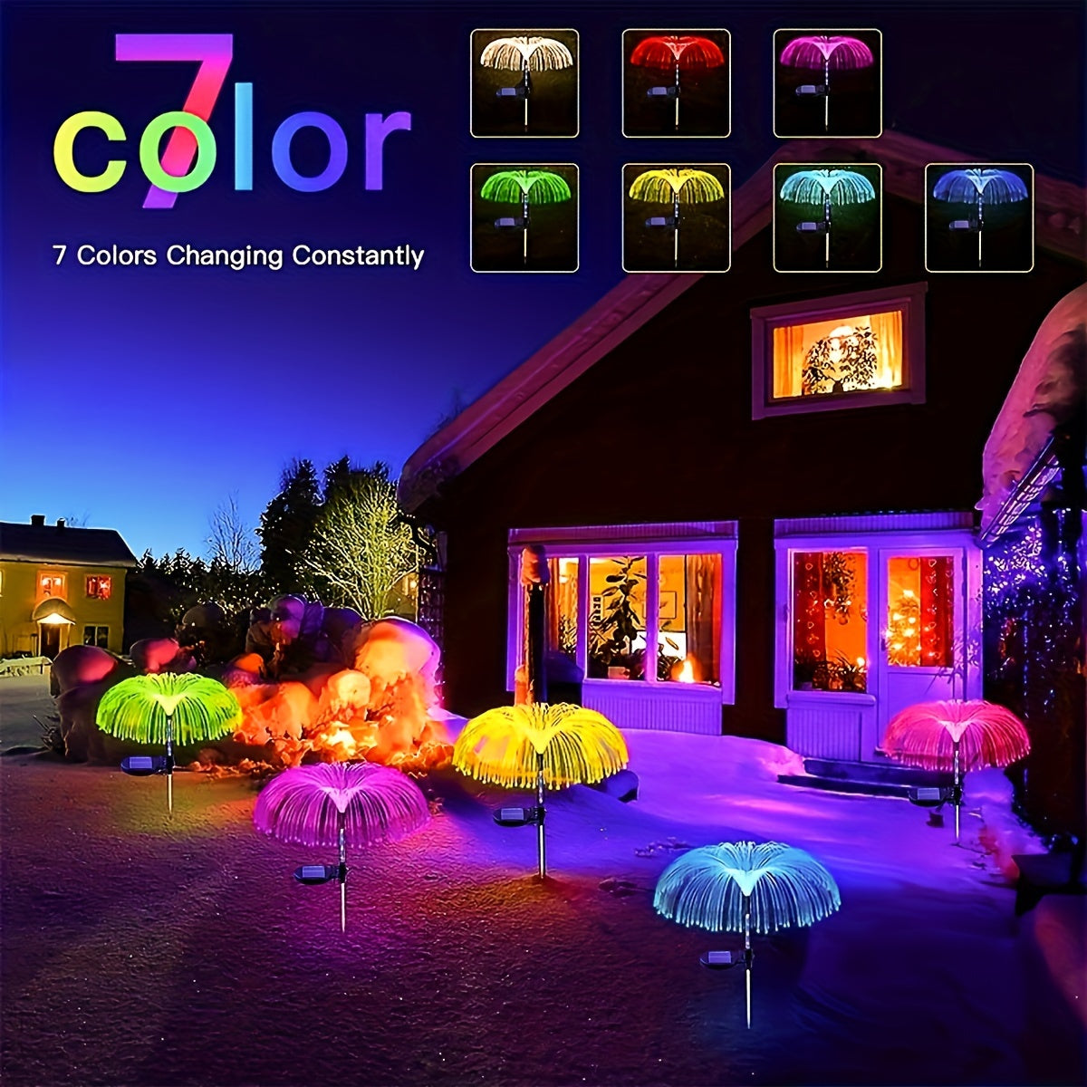 Un conjunto de luces de medusa solar de una capa que cambian de color, diseñadas para decoración al aire libre, adecuadas para jardines, caminos y ocasiones festivas como Halloween, Navidad y Año Nuevo.