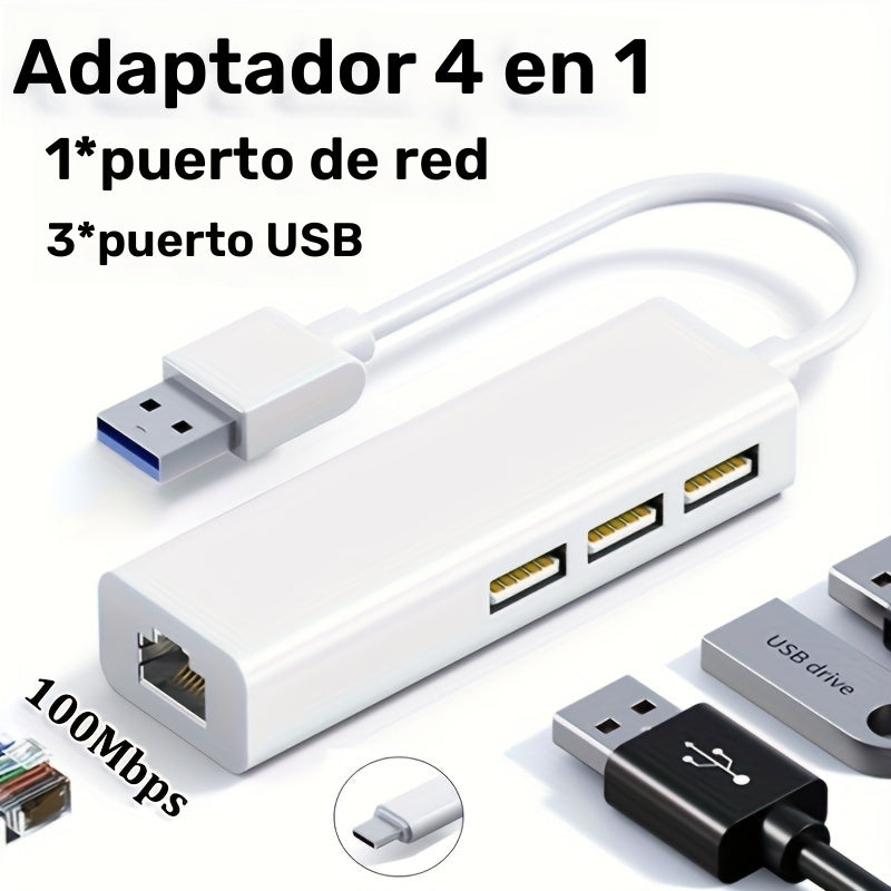Adaptador 4 en 1 de alta velocidad, convertidor de tarjeta de red USB a RJ45 de 100 Mbps, concentrador USB de 3 puertos, Plug and Play, sin controladores, compatible con computadora portátil/escritorio/TV Box, fácil disipación de calor, material ABS, dis