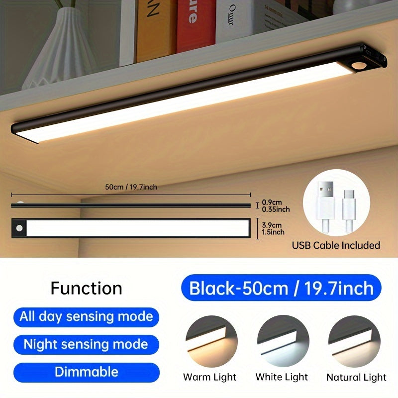 Barra de Luz Magnética Recargable con Sensor de Movimiento y LED para Armarios, Vestuarios y Más - Inalámbrica, Brillo y Color Ajustables, Alimentada por Batería, Diseño Elegante y Moderno, Longitudes Disponibles de 19.99cm/29.97cm/39.88cm/59.94cm