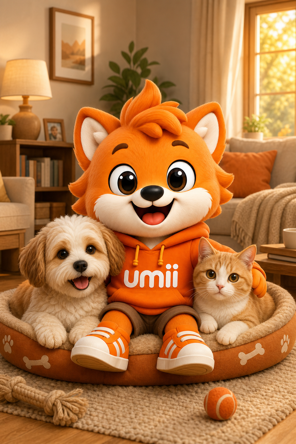 Umii jugando con un perro y un gato