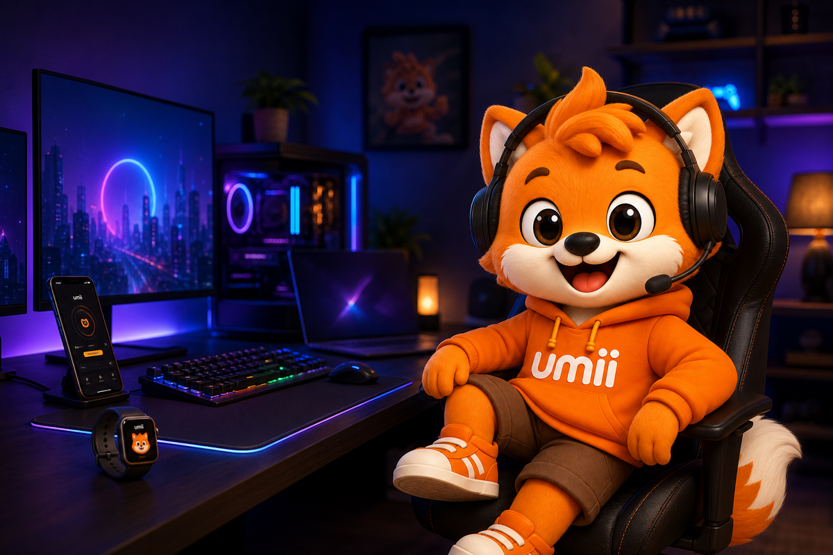 Umii con audífonos gamer rodeado de tecnología