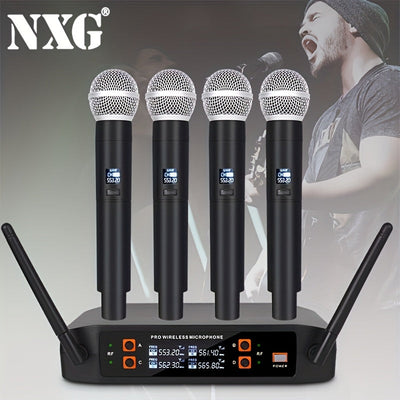 Sistema de micrófonos NXG, incluye 4 micrófonos de mano, ideal para presentaciones en escenarios, demostraciones en conferencias, karaoke en casa y bodas