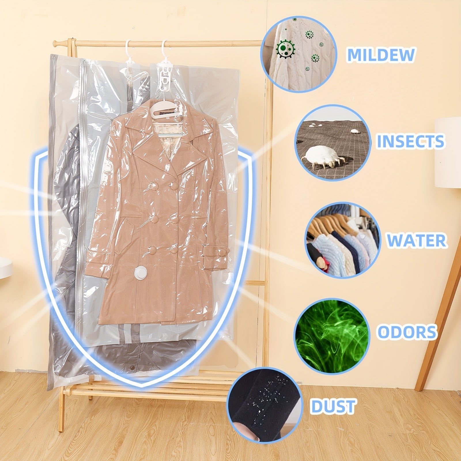 Bolsas de almacenamiento de vacío colgantes de 5 piezas, bolsas de ropa de plástico rectangular multipropósito con cierre de cremallera para abrigos de invierno, trajes, chaquetas y chaquetas de plumón - Organizador de armario ahorrador de espacio, no ne