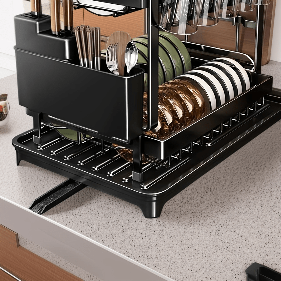 Escurridor de metal antioxido con diseño de doble capa + portavasos + organizador de utensilios + ranura para tabla de cortar — esencial ahorrador de espacio para cocinas pequeñas, estilo moderno en blanco y , adecuado para todas las estaciones