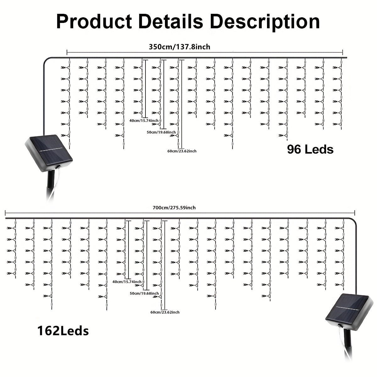 1-Pack Luces LED de Caramelo Solar - 29.5ft/7m, 162 LEDs con 8 Modos, Perfectas para Navidad, Halloween y Decoración de Bodas - Ideal para Balcón, Carpa, Jardín, Villa y Exteriores - Cortina Luminosa Solar de 18.03ft/5.5m con 96 LEDs