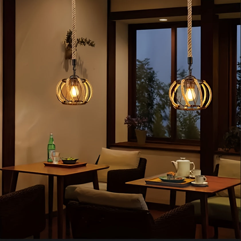 Arandela Colgante Industrial Moderna con Cuerda Tejida y Marco de Hierro - Lámpara Redonda Rústica para Comedor o Pasillo, Sin Bombilla Incluida, Compatible con 110V-220V, Iluminación Ambiental | Luces Decorativas Minimalistas | Arco Iris de Hierro, Deco