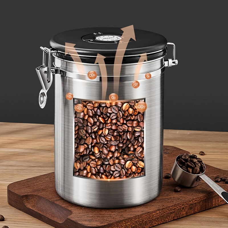 Depósito de Almacenamiento Multifuncional de 1.5L, Tanque Sellado de Acero Inoxidable para Granos de Café, Tanque de Conservación de Frescura Duradera con Cuchara