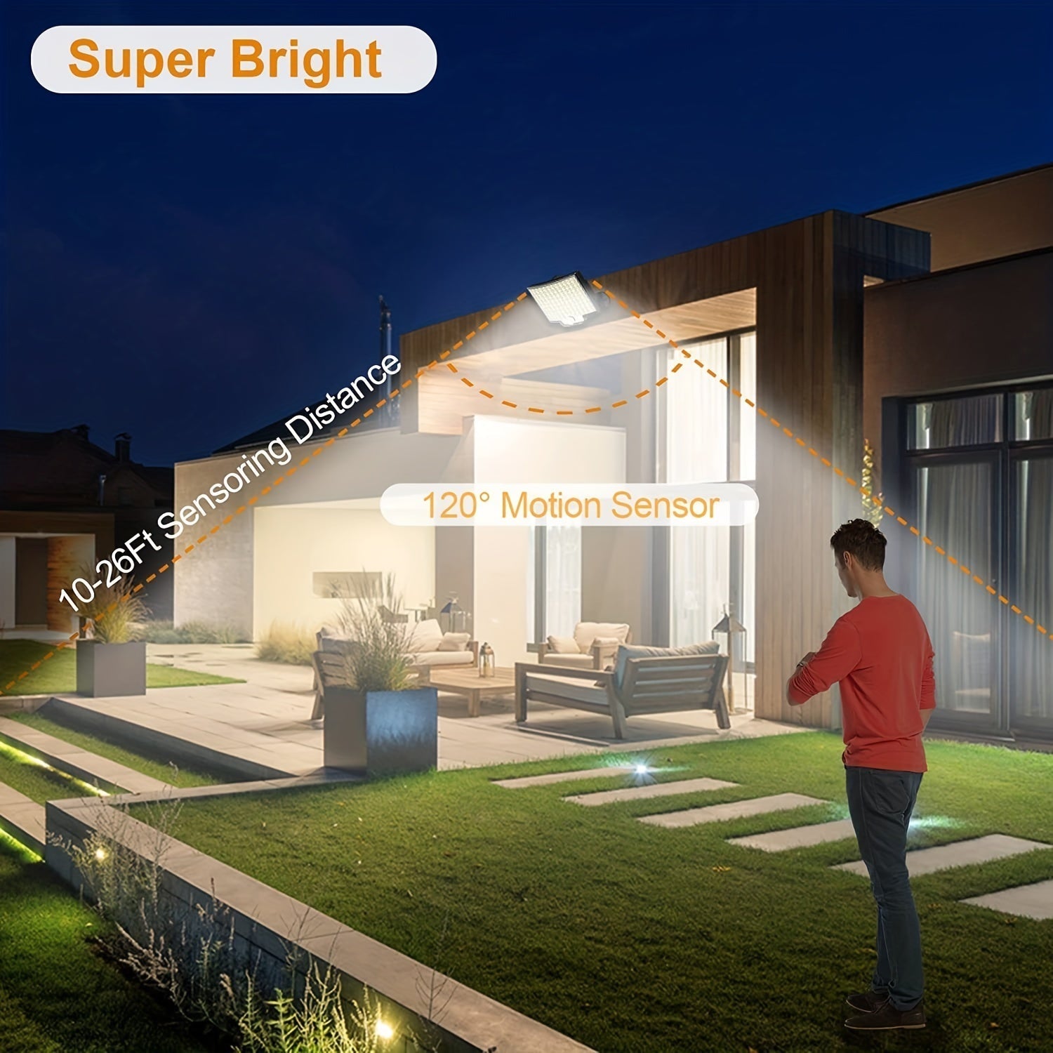 Lámparas solares exteriores, 106 luces solares exteriores con sensor de movimiento, ángulo de iluminación de 120°, luz solar de pared para jardín con cable de 16.5 pies