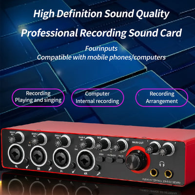 Conector de Audio de 4 Canales BOMGE para Grabación - 24bits/192kHz, USB y XLR, Mezclador de PC para Guitarra con 4 Conectores de Micrófono, Consola de Sonido Estudio para Cantantes, Rojo, Compatible con Portátiles