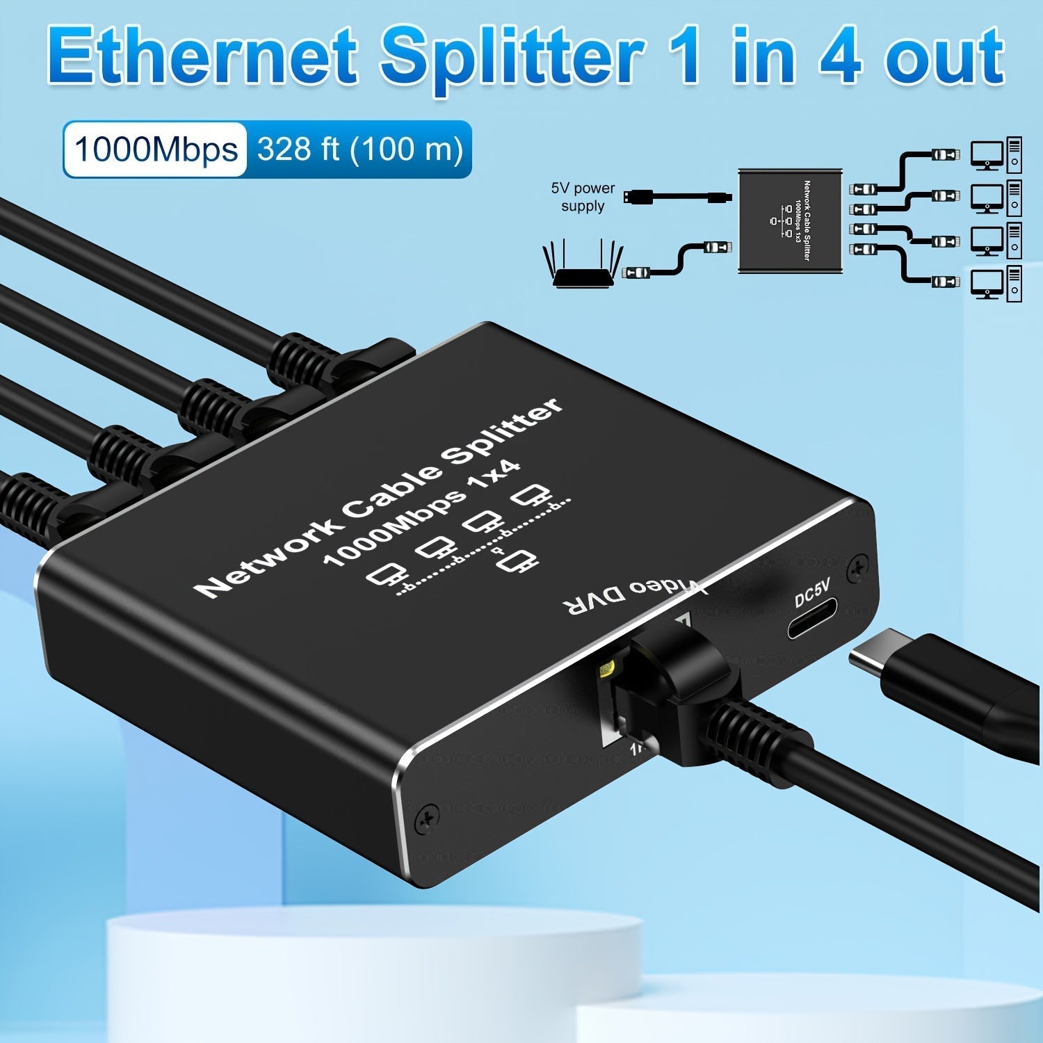 Divisor de Ethernet Gigabit de alta velocidad 1 a 4, 1000 Mbps, alimentado por USB, distribuidor de cable de red, extensión LAN RJ45 para cables Cat8/7/6/5e/5, control fácil con botón, plug and play