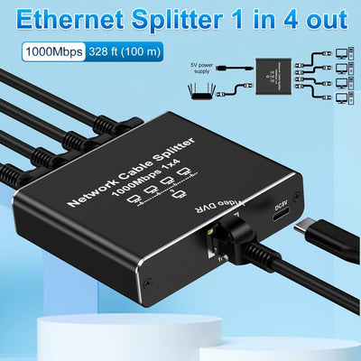 Divisor de Ethernet Gigabit de alta velocidad 1 a 4, 1000 Mbps, alimentado por USB, distribuidor de cable de red, extensión LAN RJ45 para cables Cat8/7/6/5e/5, control fácil con botón, plug and play