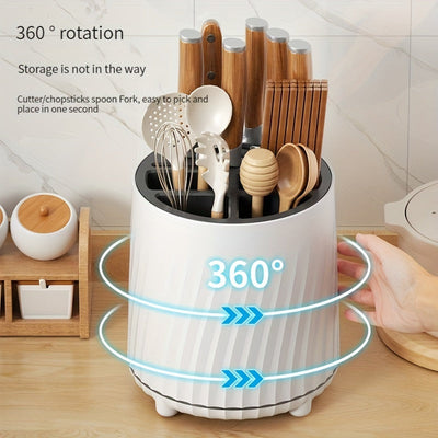 Soporte Giratorio de 360° para Cuchillos y Utensilios - Elegante Estantería de Cocina Blanca con Mangos de Madera, Diseño de Múltiples Compartimentos para Palillos, Cuchillos y Más - Plástico Duradero, Organizador de Encimera que Ahorra Espacio
