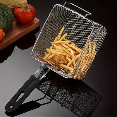 1 cesta de freír de acero inoxidable con mango de metal - Fácil de limpiar, plegable, resistente al calor, ideal para patatas fritas, alas de pollo | Herramienta de cocina comercial y doméstica, estructura de malla | Herramienta de cocina duradera, herra