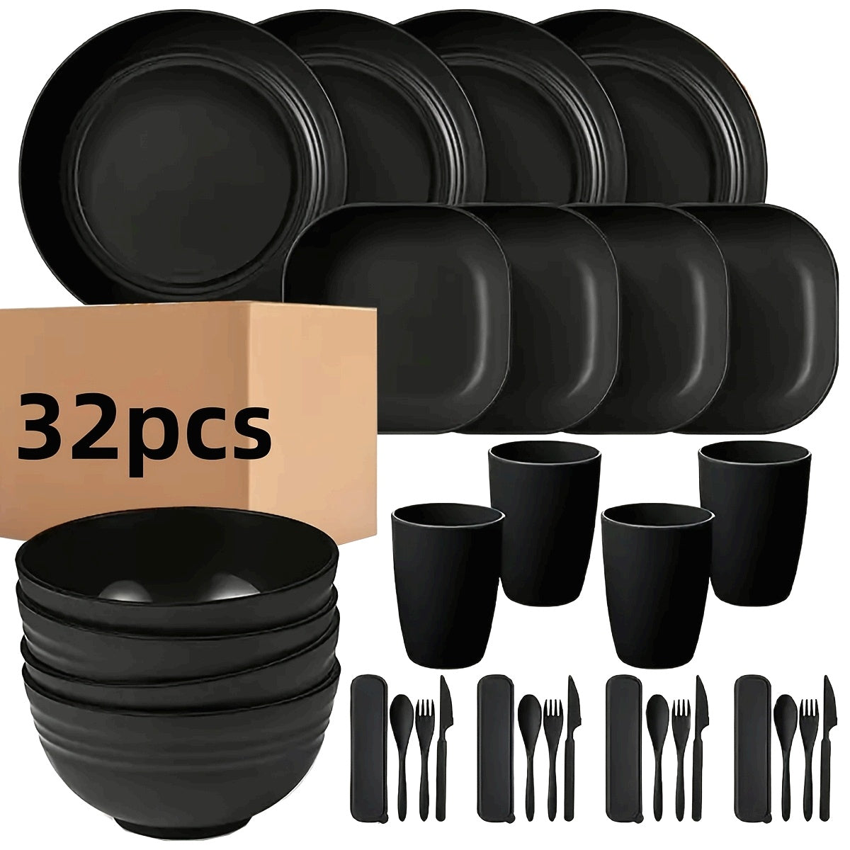 Juego de vajilla de plástico de 32 piezas, irrompible y liviano, para 4 personas: platos, tazones y tazas negros, con tenedores, cucharas y cuchillos, reutilizable, apto para microondas y lavavajillas, ideal para hogar, picnic o colección de vajilla temá