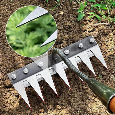 Rastrillo de jardín de mano de acero al carbono de 8 dientes - Diseño ergonómico de alta resistencia para la eliminación de malezas, cultivo del suelo y suelteción - Fácil de instalar, rastrillo de metal duradero para agricultura y uso de jardín, herrami