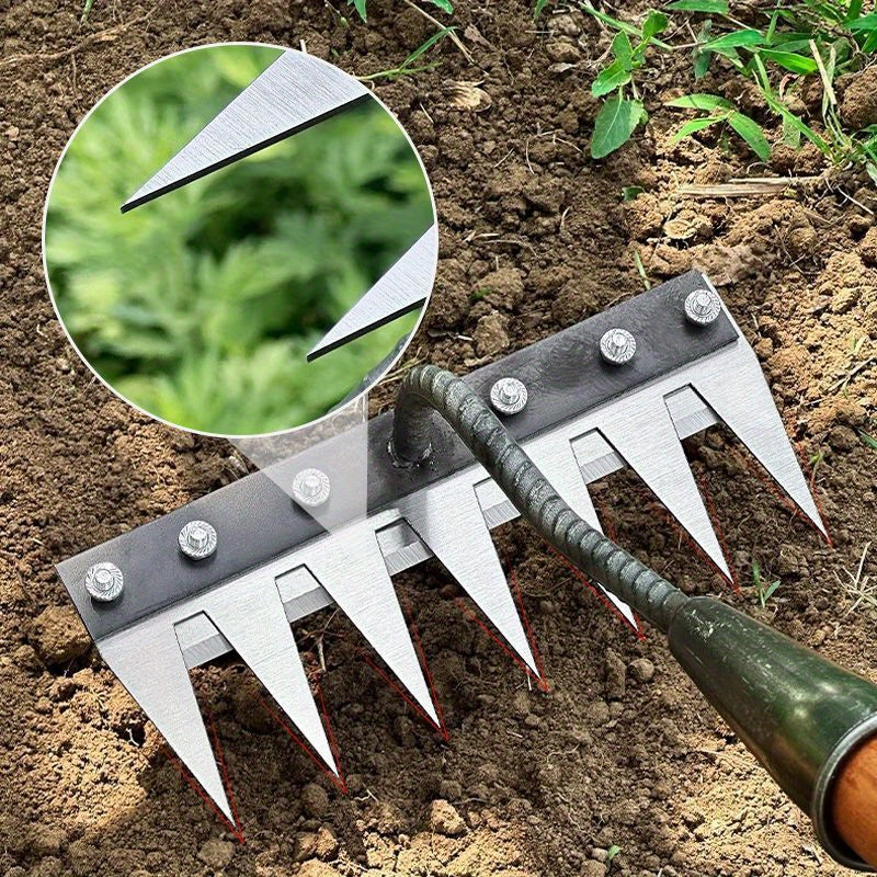 Rastrillo de jardín de mano de acero al carbono de 8 dientes - Diseño ergonómico de alta resistencia para la eliminación de malezas, cultivo del suelo y suelteción - Fácil de instalar, rastrillo de metal duradero para agricultura y uso de jardín, herrami