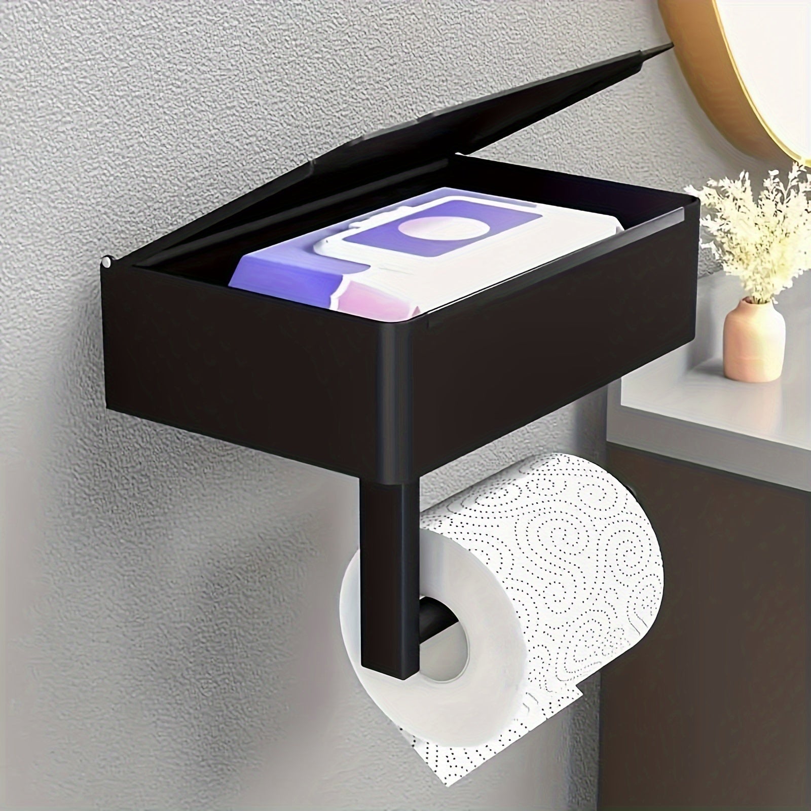 Soporte de Papel Higiénico de Acero Inoxidable con Estante y Dispensador de Toallitas - Montado en la Pared, Acabado Mate Negro para la Organización del Baño