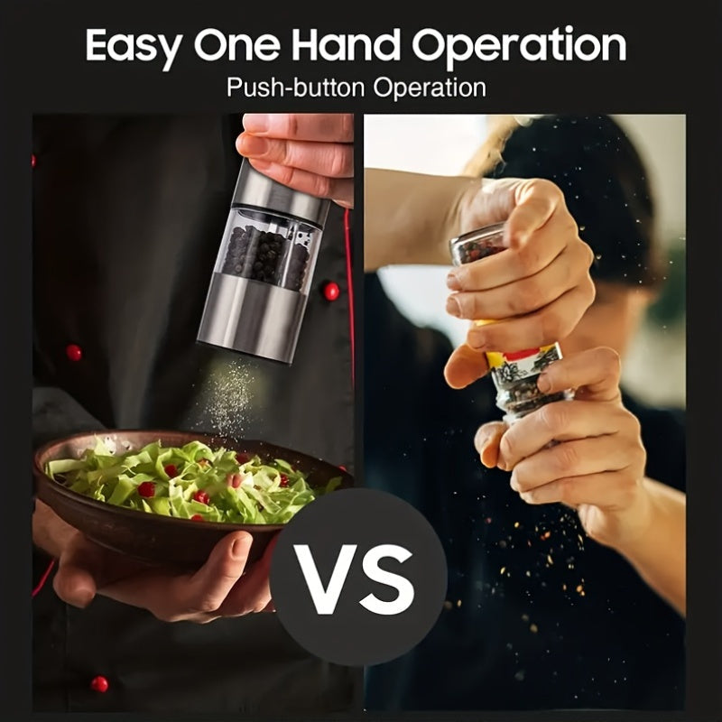 1/2 piezas de molinillos de sal y pimienta eléctricos de acero inoxidable - Funcionan con batería y luz LED - Molinillo de especias automático de una mano con ajuste de grosor - Gadget de cocina