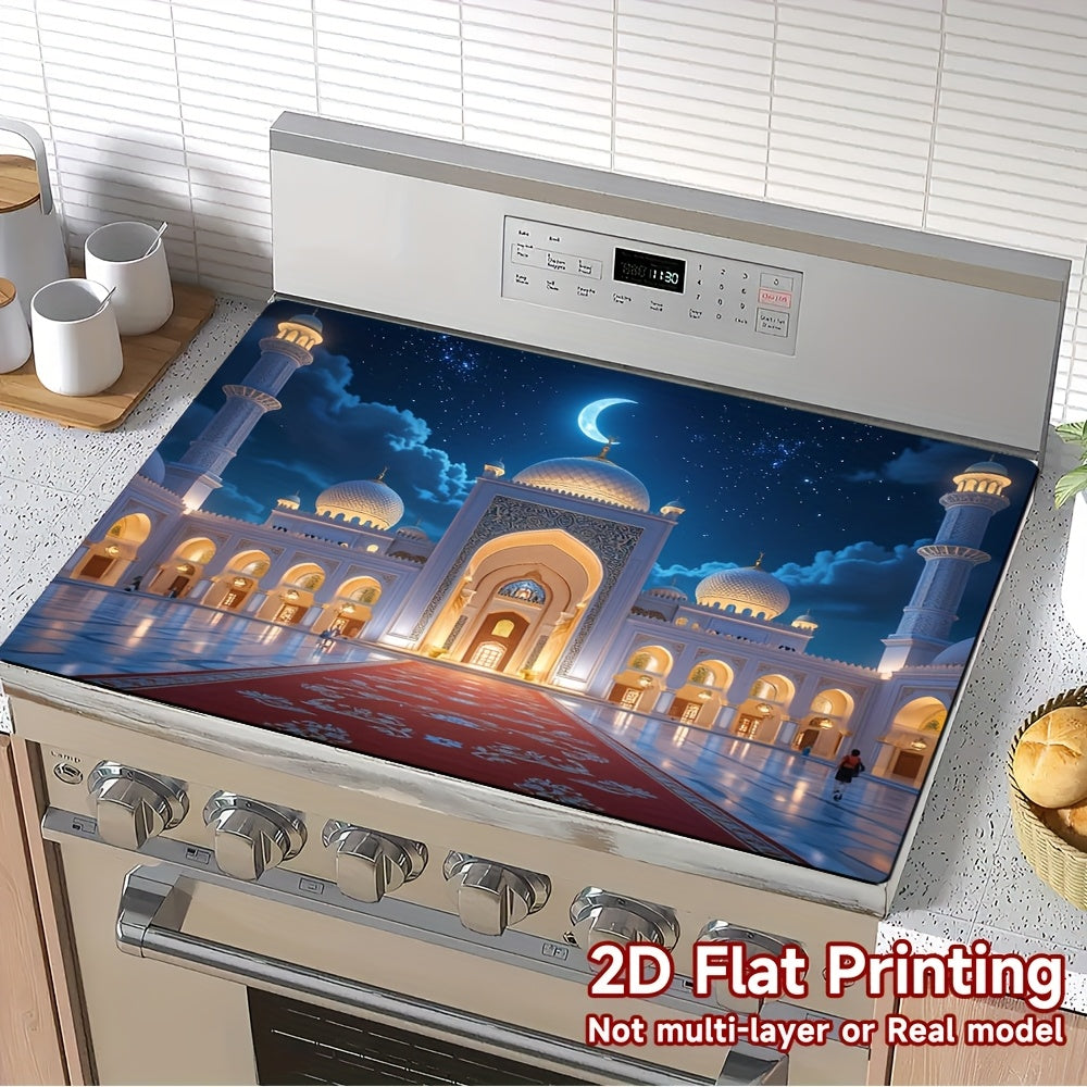 1pc Cubierta para Estufa y Alfombrilla de Cocina - Diseño de Mezquita Dorada con Luna Creciente, Azul Medianoche - Protector Térmico para Estufas, Horno, Refrigerador, Lavadora, Secadora - Decoración Fácil de Limpiar para Cocina - Compatible con Estufas