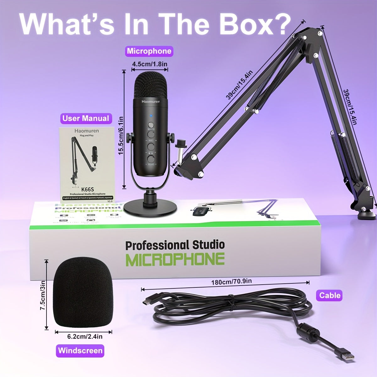 Kit de Micrófono Profesional de la Marca Haomuren, Soporte de Escritorio y Boom con Filtro Anti-pop, Compatibilidad USB Plug-and-Play para Varios Dispositivos · Silencio con Un Botón · Monitoreo en Tiempo Real · Efecto de Reverberación · Adecuado para Gr