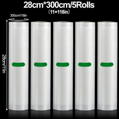 Paquete de 5 Rollos para Sellado al Vacío, Longitud de 3 Metros, Varios Anchos, Adecuados para Almacenamiento de Alimentos y Cocina Lenta a Baja Temperatura - Diseño Resistente al Desgarro Garantiza Máxima Frescura y Mayor Duración - Seguro para Contacto