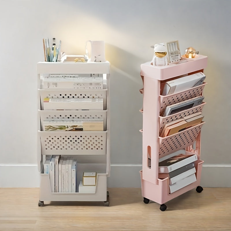 Estantería de Escritorio con 5 Niveles y Ruedas - Almacenamiento Multifuncional para Libros, Revistas y Periódicos - Adecuada para Oficina, Estudio, Dormitorio, Sala de Estar