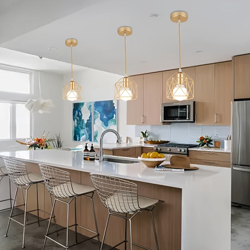 Lámpara colgante nórdica moderna geométrica de hierro fundido, montaje semiempotrado, compatible con focos E27 (sin focos incluidos), para comedor, isla de cocina y decoración contemporánea, diseño minimalista, acabado metálico, construcción duradera