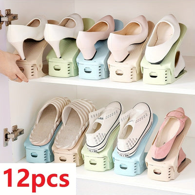 12 piezas de organizadores de zapatos de plástico ajustables, práctico organizador multiusos para entrada, sala, dormitorio, baño, hogar y residencia estudiantil - Blanco
