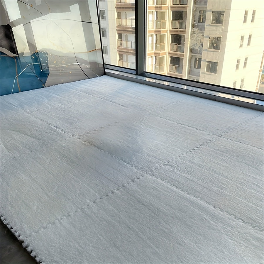 12 piezas de alfombras interconectadas de pelo largo, suaves tapetes de rompecabezas para piso, 29.97x29.97 cm, gris con borde blanco, lavables a mano, decoración acogedora para dormitorio o sala, tapete para sala | Cubrepiso elegante | Tapete de textura