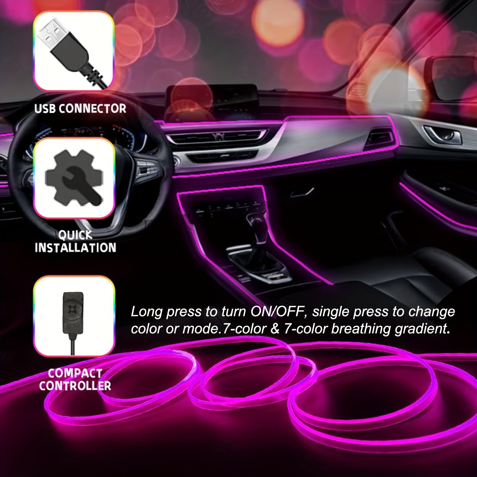 Luces LED RGB de 7 Colores para Interior del Coche, Tira Decorativa Neón con Fibra Óptica USB Ambiental, Kit 1 en 1 (3m) y 2 en 1 (5m)